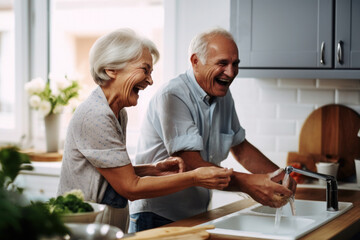 Caucasian married senior mature couple washing dishes in the kitchen - obrazy, fototapety, plakaty
