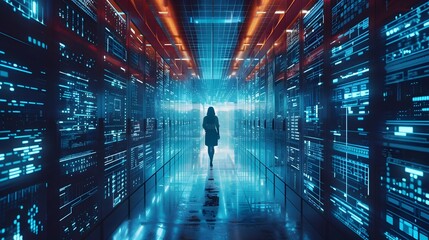 Woman Walking in a Futuristic Data Center Corridor - obrazy, fototapety, plakaty