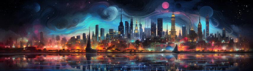 Starry Night Over Illuminated Futuristic City Reflection