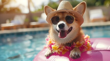 Hello Summer. Super cute corgi dog wearing straw hat and swimming in the pool. Ai generated image