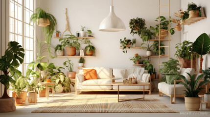 Fototapeta na wymiar Minimalist living room with indoor plants