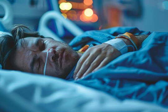 A patient finds comfort and solace in his hospital bed, peacefully sleeping while surrounded by the sterile indoor room and cozy blanket