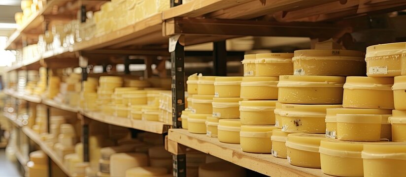 A bustling cheese factory showcases a wide variety of creamy cheeses displayed on wooden shelves.