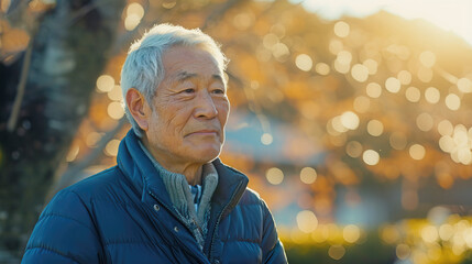 Elderly asian man outdoors in nature portrait