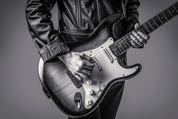Hands of a musician playing the electric guitar. Electric guitar, guitarist, musician rock. Guitar acoustic. Play the guitar. Live music. Music festival. Instrument on stage, band. Black and white - obrazy, fototapety, plakaty