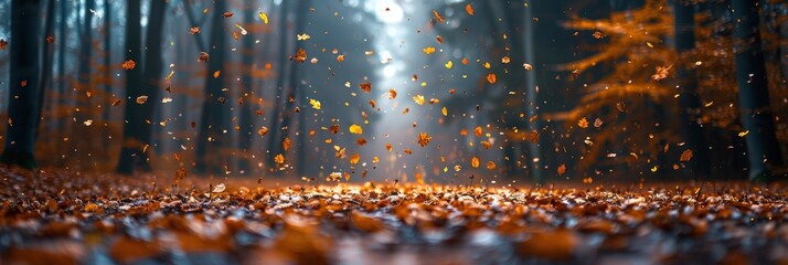 Artistic interpretation of a forest in autumn with falling leaves, Background Image, Background For Banner