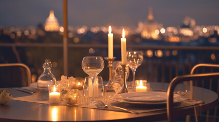 Rooftop terrace with festive table for romantic candlelight dinners