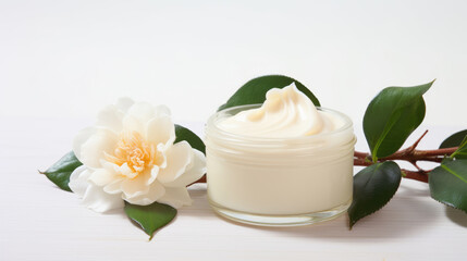 Fototapeta na wymiar Cream with extract of Camellia on a light background