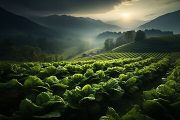 a field of green plants with mountains in the background