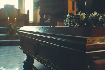 Death of a loved one by the family. Mourning funeral and coffin - obrazy, fototapety, plakaty