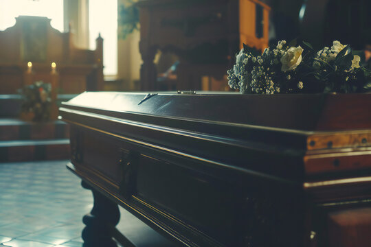 Death of a loved one by the family. Mourning funeral and coffin