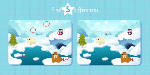 Cartoon mini game for kids with arctic animals. Find differences vector game with North Pole. © Sonium_art