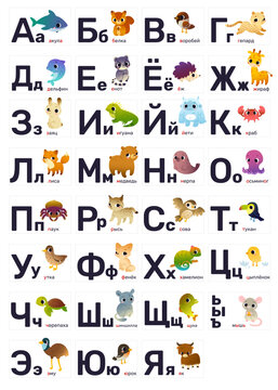 Cute russian alphabet for kids with animals. Abc learning decorative poster with cartoon wild animals.