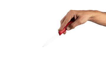 Black male hand holding a red cooking knife isolated no background.