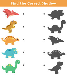 Shadow matching game for kids. Educational game for children. Find the right shadow of cute dino illustration.	