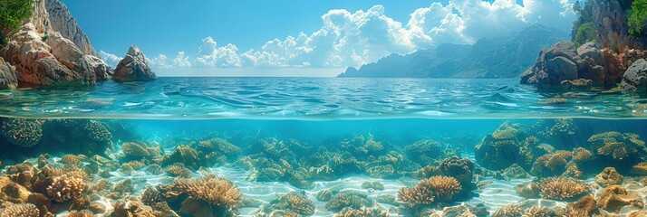 Bright, sunlit, clear Mediterranean sea water texture, Background Image, Background For Banner