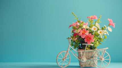 Spring banner. Toy bicycle with a basket.