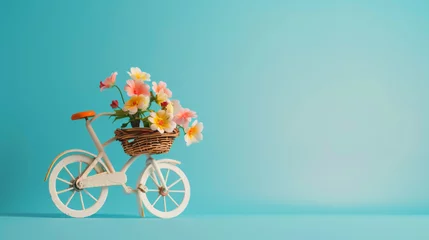 Zelfklevend Fotobehang Spring banner. Toy bicycle with a basket. © Daniel