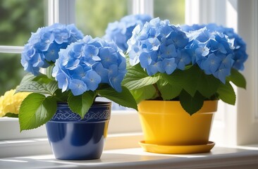 Flowers on the window. A beautiful Blue Hydrangea in a yellow pot stands on the windowsill, on the window. Sunny day, rays of the sun, sun glare