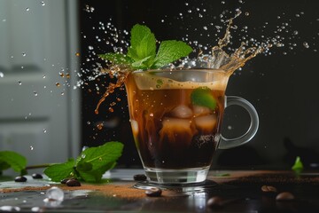 splash in a transparent cup of iced coffee with mint leaves
