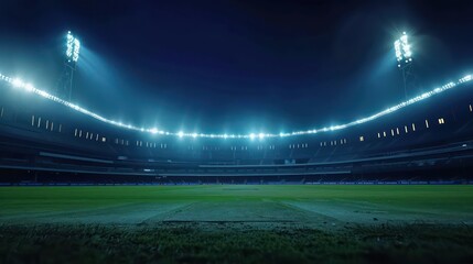 Football stadium arena for match with spotlight. Soccer sport background, green grass field for competition champion match.