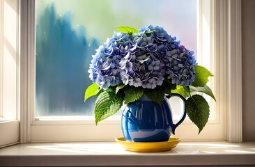 Flowers, book and cup on the window. comfort. A beautiful Blue Hydrangea in a yellow pot stands on the windowsill, on the window. Sunny day, rays of the sun, sun glare