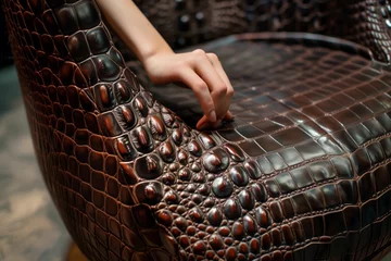 Selbstklebende Fototapeten womans hand touching a crocodile leather chair © stickerside