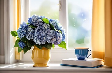 Flowers, book and cup on the window. comfort. A beautiful Blue Hydrangea in a yellow pot stands on the windowsill, on the window. Sunny day, rays of the sun, sun glare