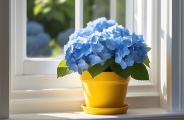 Flowers on the windowsill. comfort. A beautiful Blue Hydrangea in a yellow pot stands on the windowsill, on the window. Sunny day, rays of the sun, sun glare