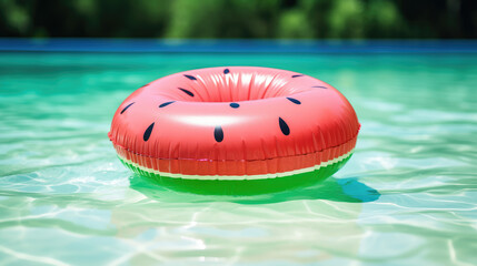Fototapeta na wymiar An inflatable circle in the color of a Watermelon on the surface of the pool