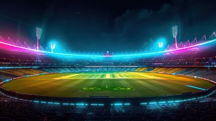 Cricket, Stadium of cricket night. colorful lights cricket world cup