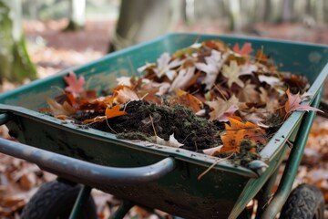 wheelbarrow filled with compost and leaves