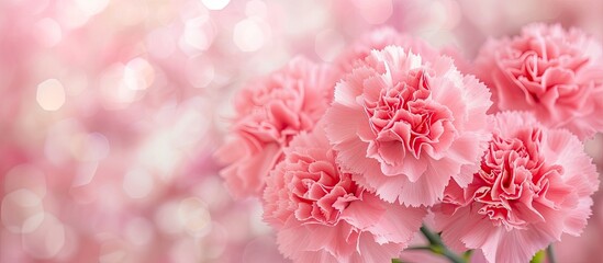 A close-up photograph showcasing the beauty of a bunch of pink carnation flowers displayed on a floral background.