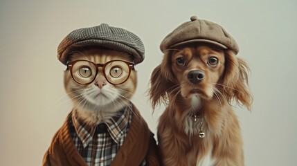 Obraz premium a cat and a dog sit with poise and grace, their attire featuring stylish caps and sophisticated glasses