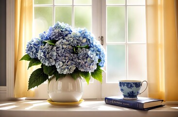 Flowers, book and cup on the windowsill, on the window. comfort. A beautiful Blue Hydrangea in a yellow pot stands on the windowsill, on the window. Sunny day, rays of the sun, sun glare