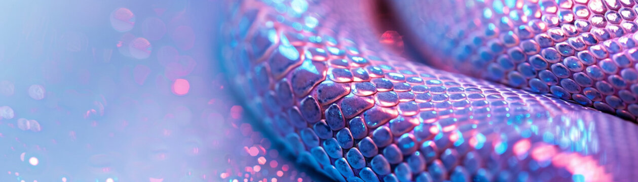 Close up of an anacondas skin in neon light showcasing the texture against a soft pastel background