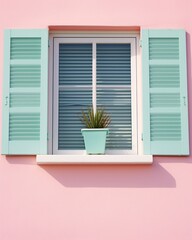 a window with shutters and a potted plant