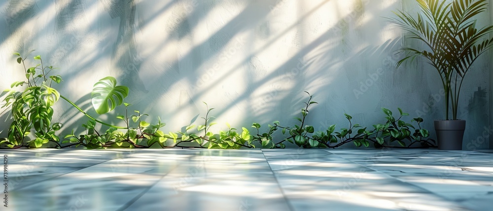 Poster beautiful minimal background for presentations with marble floor and blurred foliage shadows.