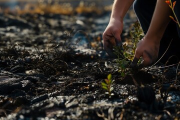 person planting fireresistant plants in a burnt field