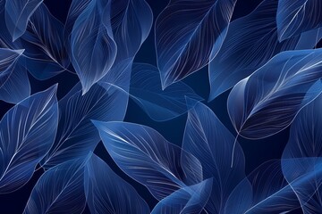 Design for wall decoration, posters, tropical invitation cards, packaging, and printing. Blue leaves background . Luxury line art design with leaf pattern.