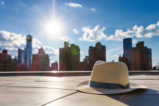 Hat On A Sunny Rooftop Terrace With Urban Skyline Around