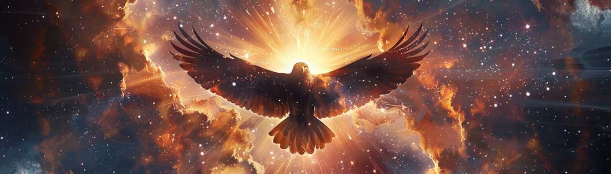 Cosmic dance of an eagle with spread wings sun flares and black hole gravity a universe merging