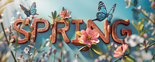 Spring logotype. Lettering spring with flower and butterfly for greeting card, invitation template, sketch hand logo 