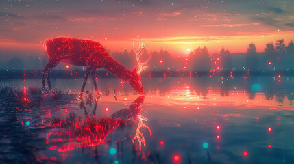 Cybernetic Serenity A peaceful scene where a neon lit cybernetic deer drinks from a glowing lake its reflection merging technology with nature