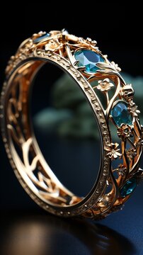 a gold and blue ring with flowers and blue stones