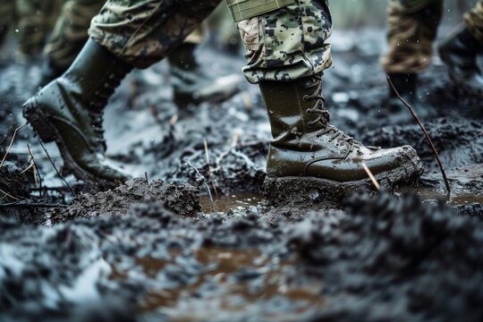 soldiers boots trudging through thick mud in a military training camp