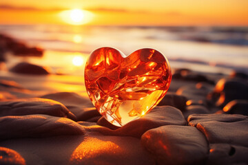 Heart shaped amber on sand on the beach at sunset