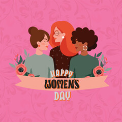 Three cute girls on pink background. Greeting card for International Women's Day .
