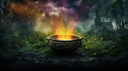 orange lighting rainbow from black iron magic bowl in the midle of the jungle fantasy licky charm shamrock container in st patrick day - obrazy, fototapety, plakaty
