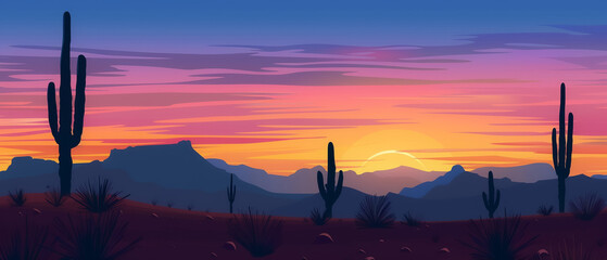 Desert landscape cactus silhouette at sunset - obrazy, fototapety, plakaty
